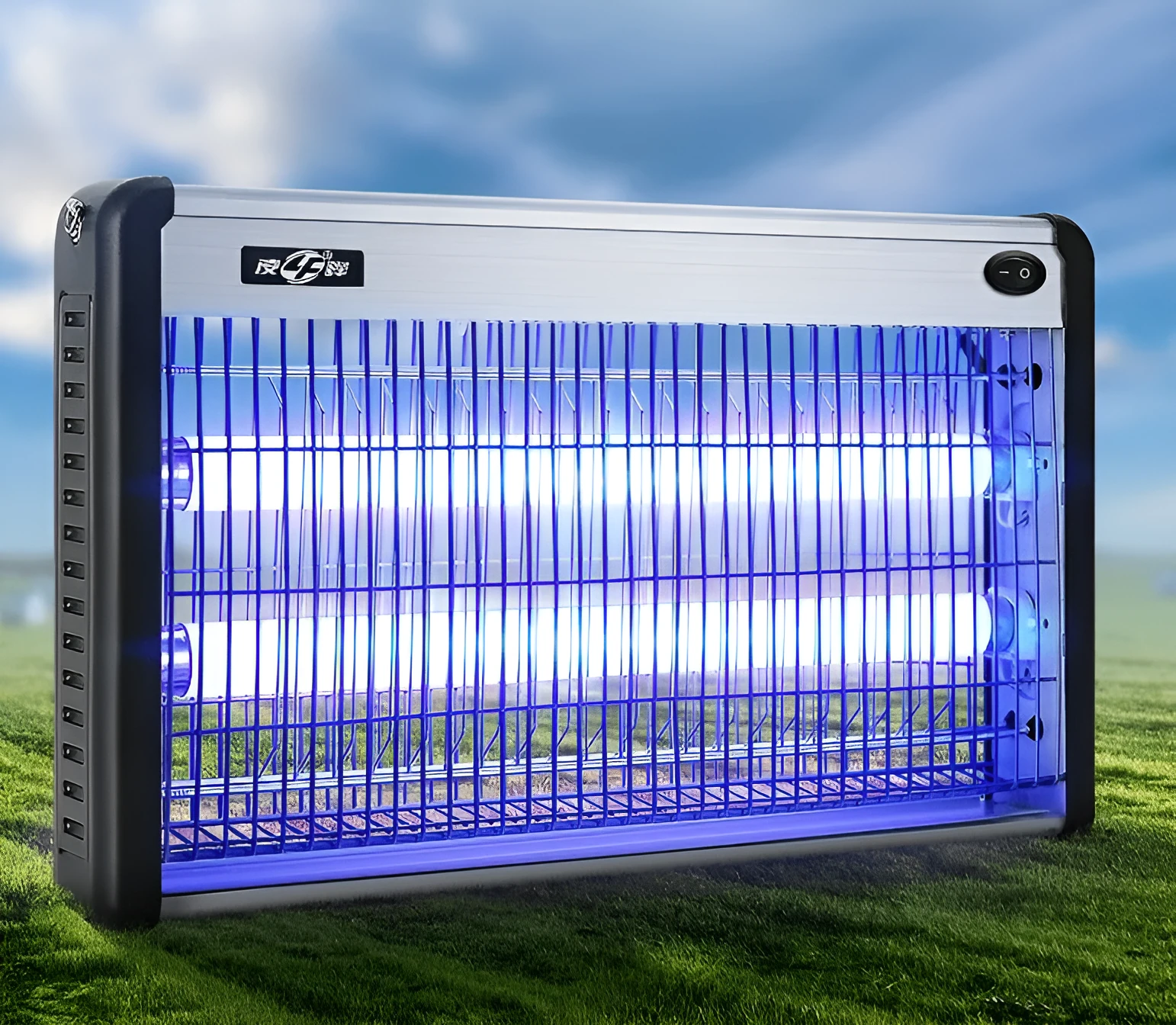 Blue plastic electric mosquito killing lamp with UV lights and fan, hanging from a wall for indoor insect control.