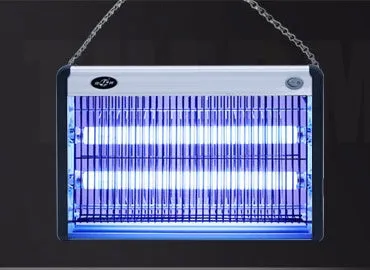 Blue plastic electric mosquito killing lamp with UV lights and fan, hanging from a wall for indoor insect control.
