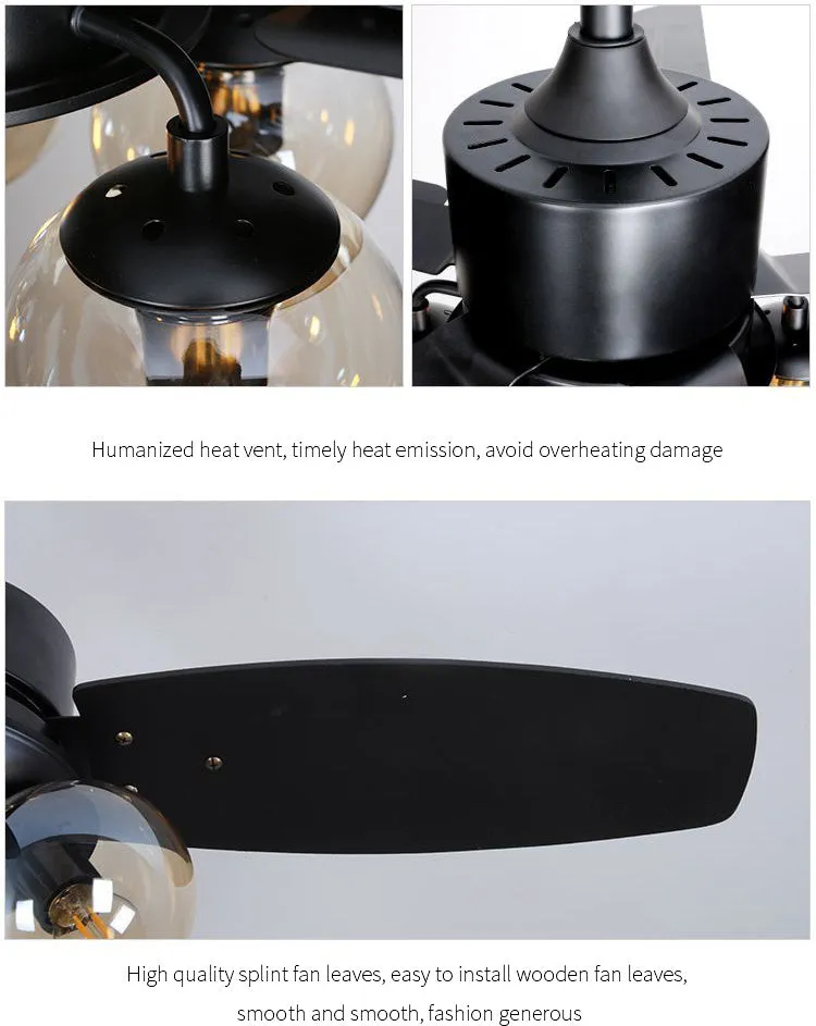Ceiling fan light with wood blades and glass shade, 42 inch, available in black finish for living room use
