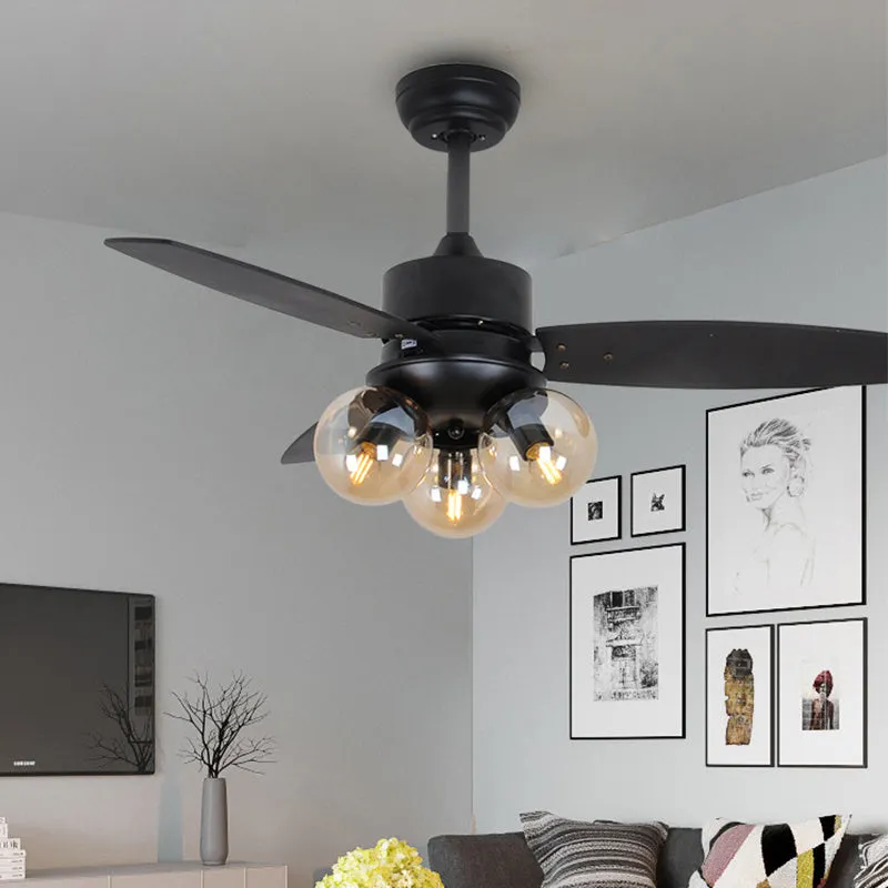 Ceiling fan light with wood blades and glass shade, 42 inch, available in black finish for living room use