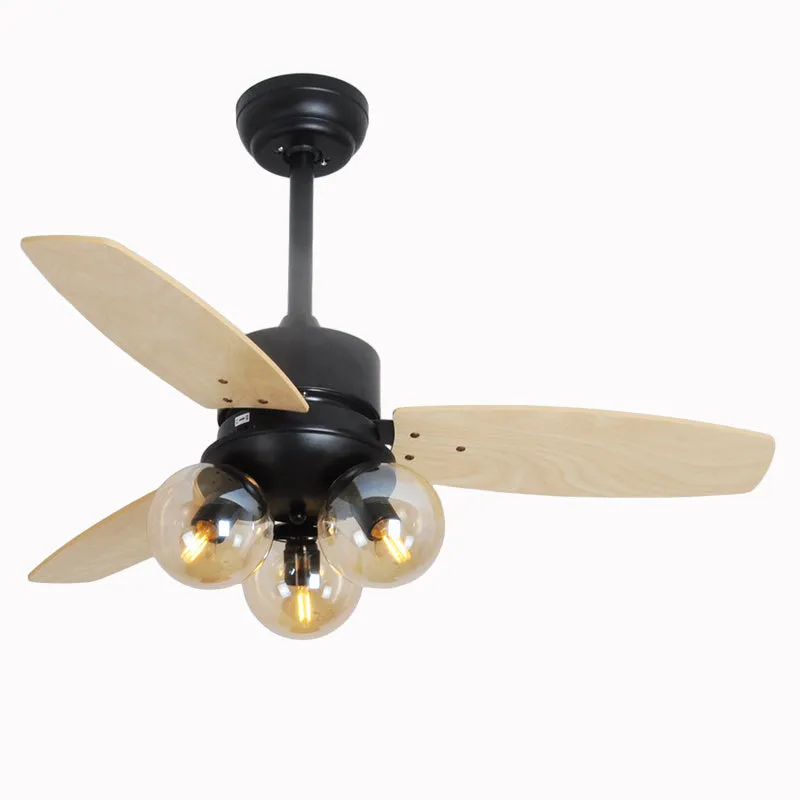 Ceiling fan light with wood blades and glass shade, 42 inch, available in black finish for living room use