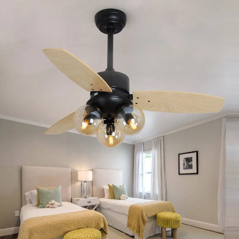 Ceiling fan light with wood blades and glass shade, 42 inch, available in black finish for living room use