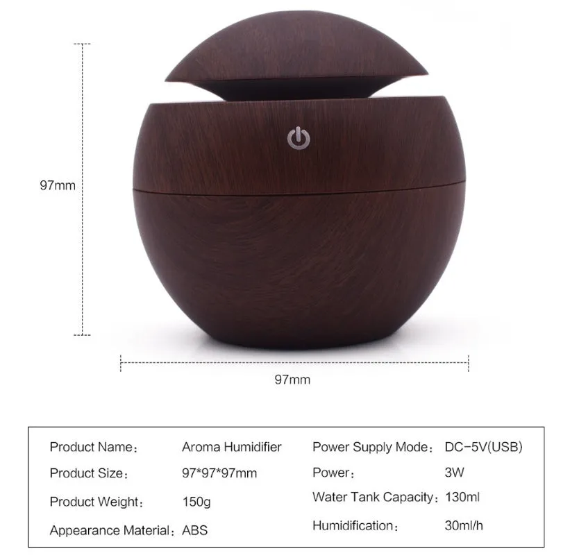 USB ultrasonic atomizer with colourful light and 130ml water tank in white colour option on a wooden desk