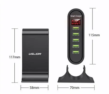 5-port USB digital display charger with LED screen, black, fireproof ABS housing, US plug