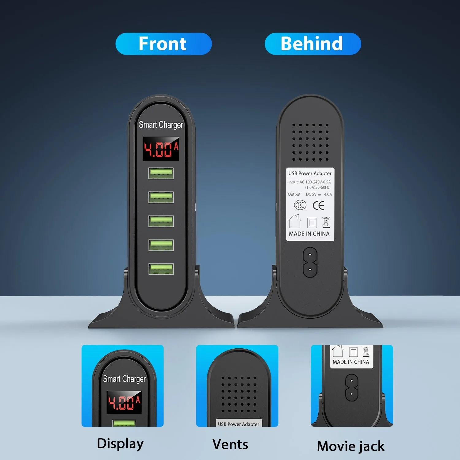 5-port USB digital display charger with LED screen, black, fireproof ABS housing, US plug