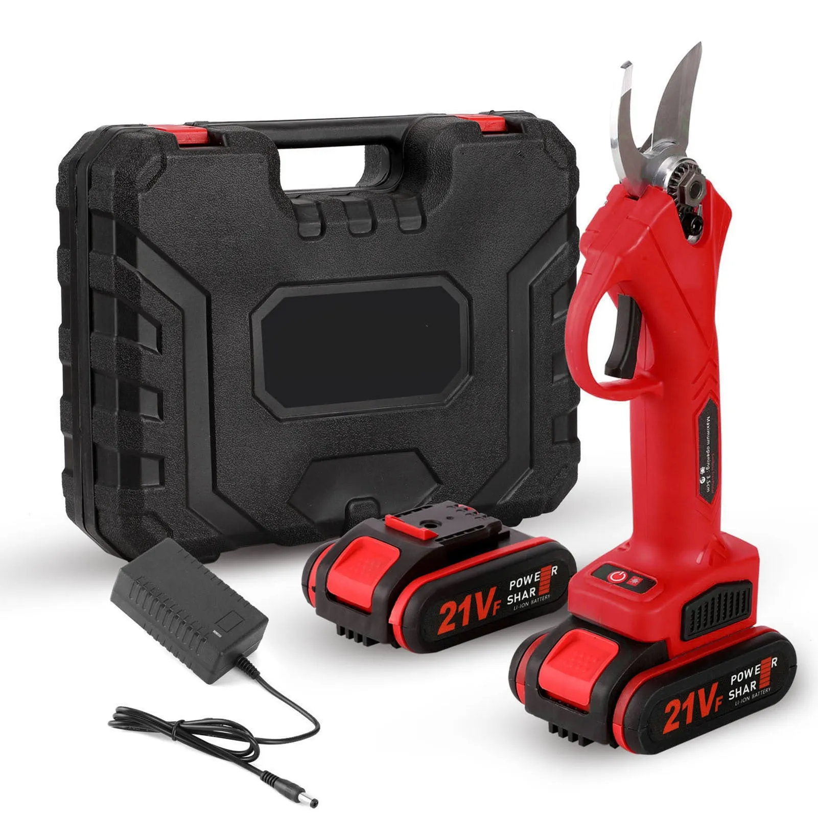 21V rechargeable garden pruning shear with black plastic body, steel blade, and two batteries in plastic box