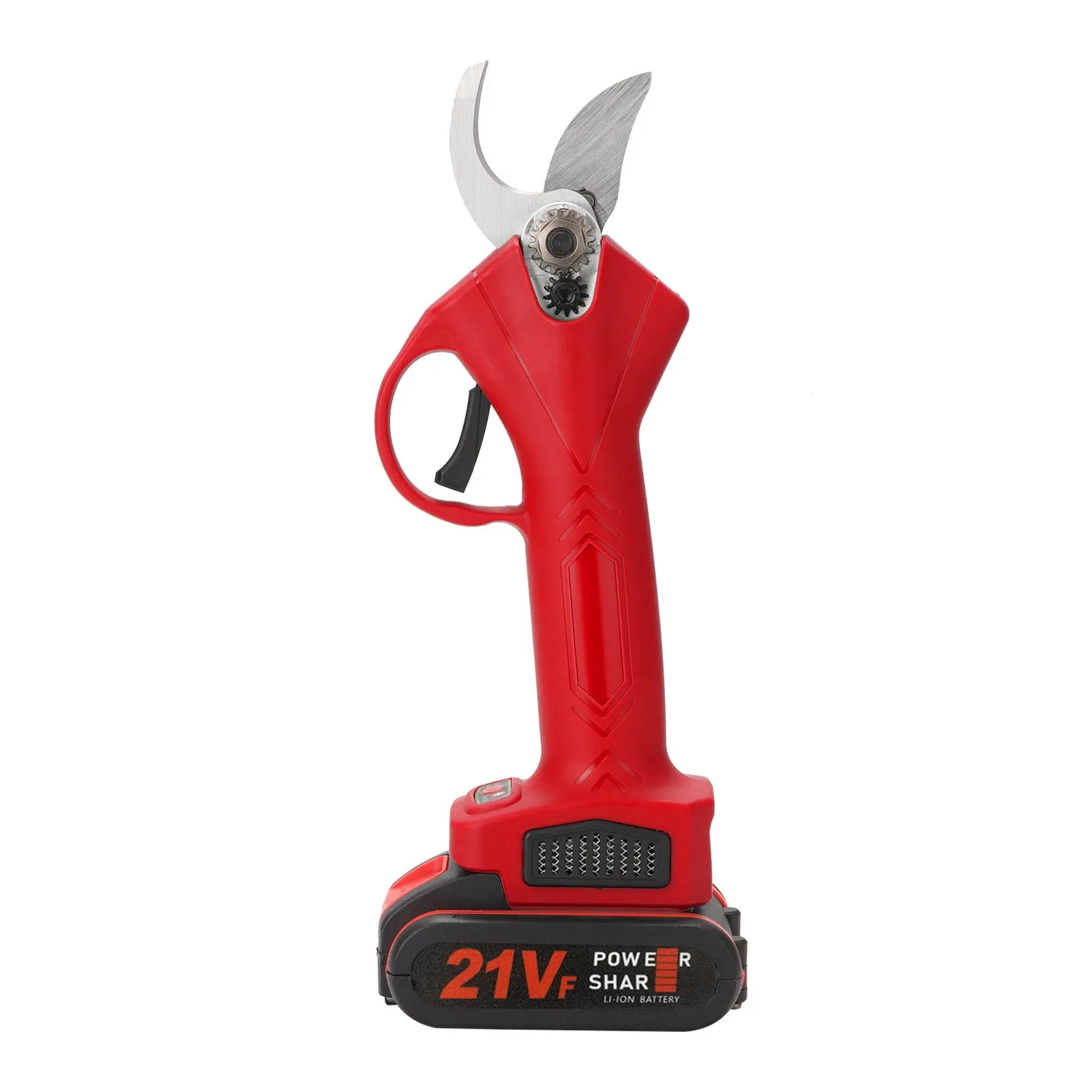21V rechargeable garden pruning shear with black plastic body, steel blade, and two batteries in plastic box