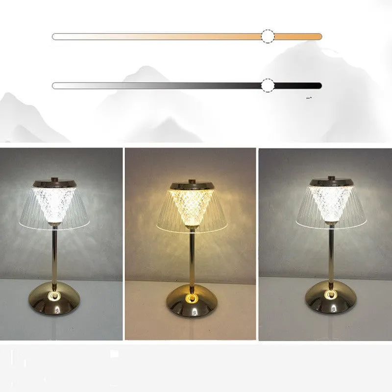 Romantic crystal table lamp with electroplated finish, acrylic shade, USB touch dimmer, three-color light, music and projection feature, 27cm x 12cm