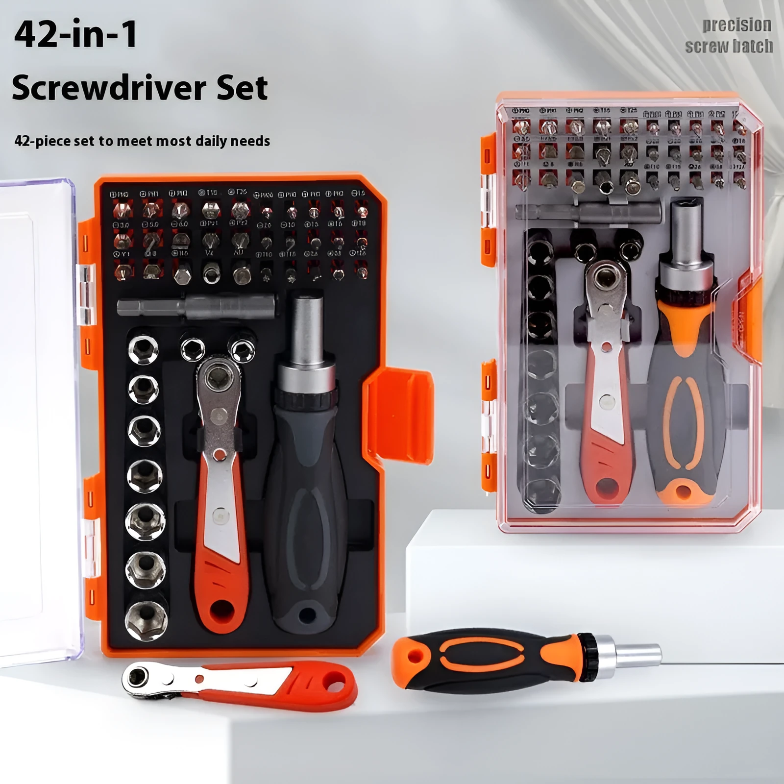 42-in-1 ratchet screwdriver set with chrome vanadium steel bits in black bottom case