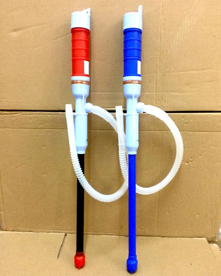 Blue and red manual hand siphon pump for transferring fuel, oil, and chemicals.