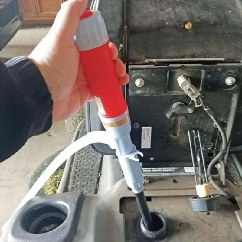 Blue and red manual hand siphon pump for transferring fuel, oil, and chemicals.