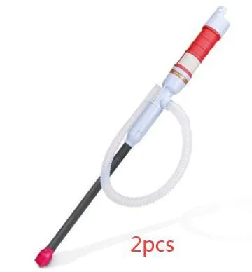 Blue and red manual hand siphon pump for transferring fuel, oil, and chemicals.