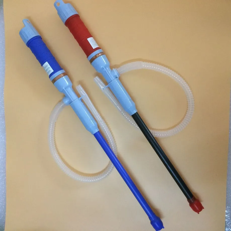 Blue and red manual hand siphon pump for transferring fuel, oil, and chemicals.