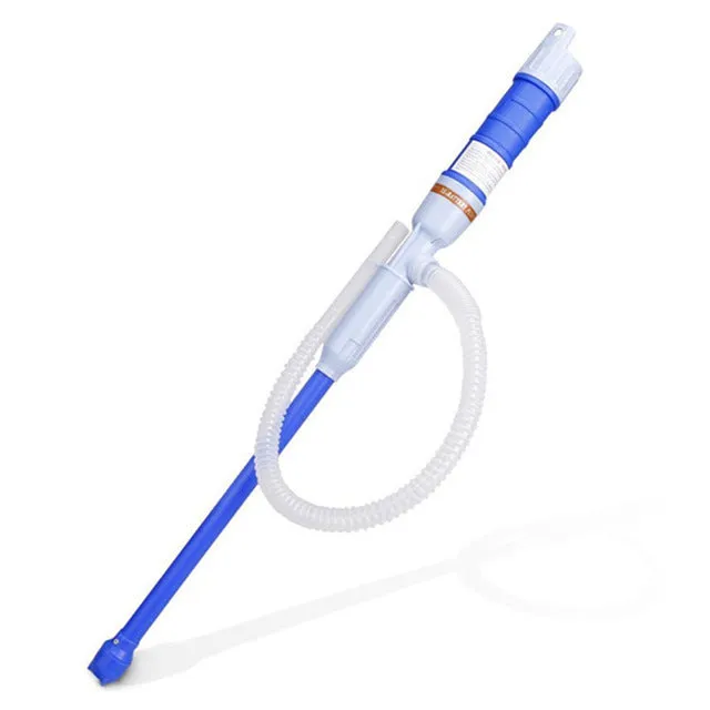 Blue and red manual hand siphon pump for transferring fuel, oil, and chemicals.