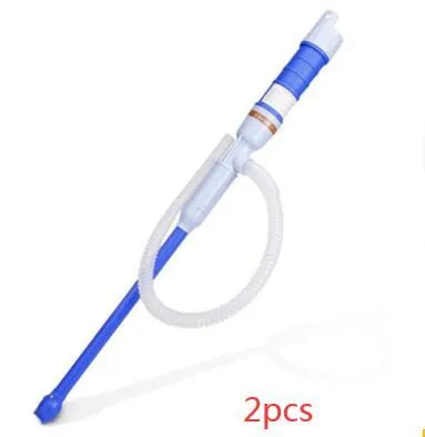 Blue and red manual hand siphon pump for transferring fuel, oil, and chemicals.