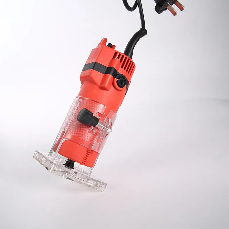 Electric trimming machine with carbide fillet knife and guide assemblies for wood and metal edge chamfering