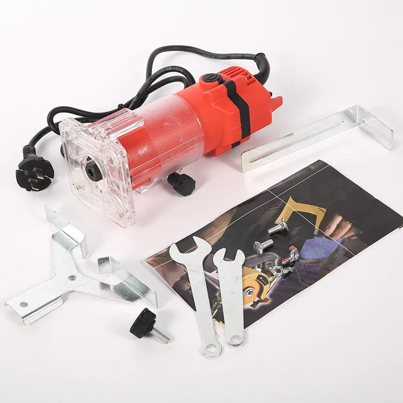 Electric trimming machine with carbide fillet knife and guide assemblies for wood and metal edge chamfering