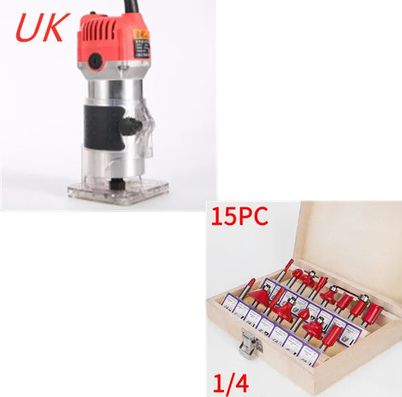 Electric trimming machine with carbide fillet knife and guide assemblies for wood and metal edge chamfering