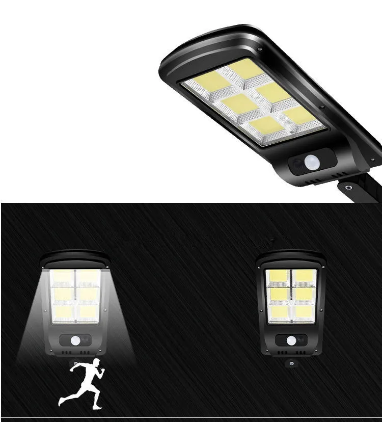 Black solar-powered outdoor motion sensor light with IP65 waterproof rating for garden and driveway security.