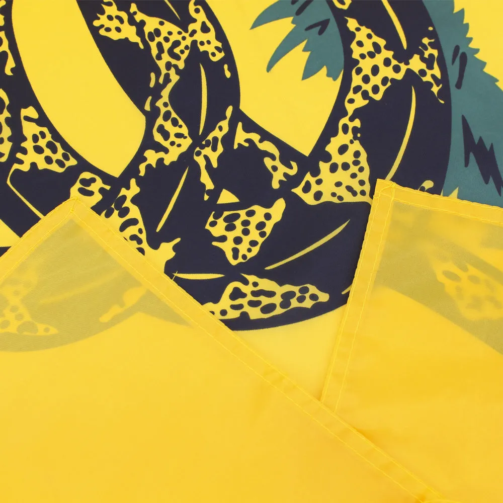 Yellow polyester garden flag with screen-printed design, 90 by 150 centimetres, hanging on a fence.