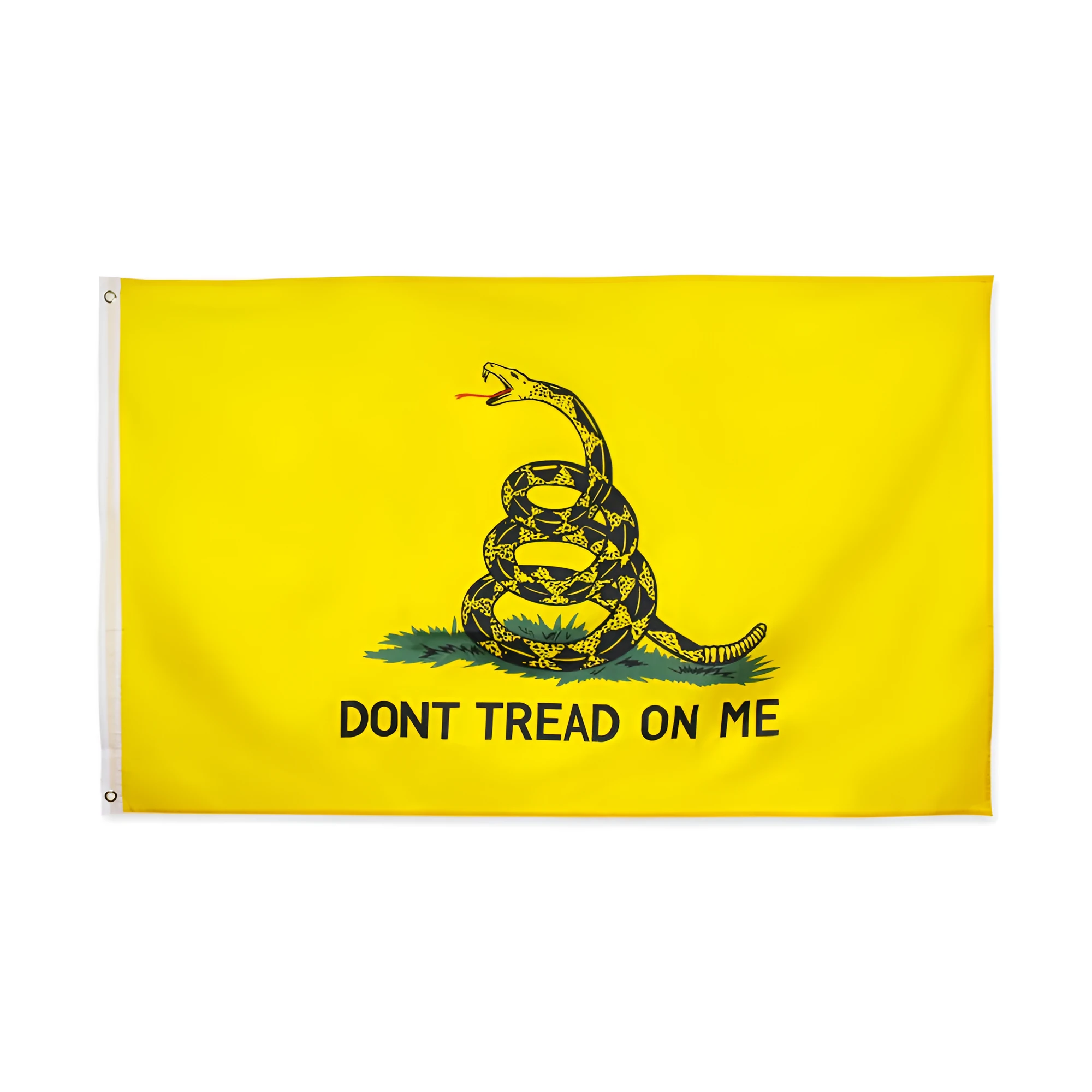 Yellow polyester garden flag with screen-printed design, 90 by 150 centimetres, hanging on a fence.