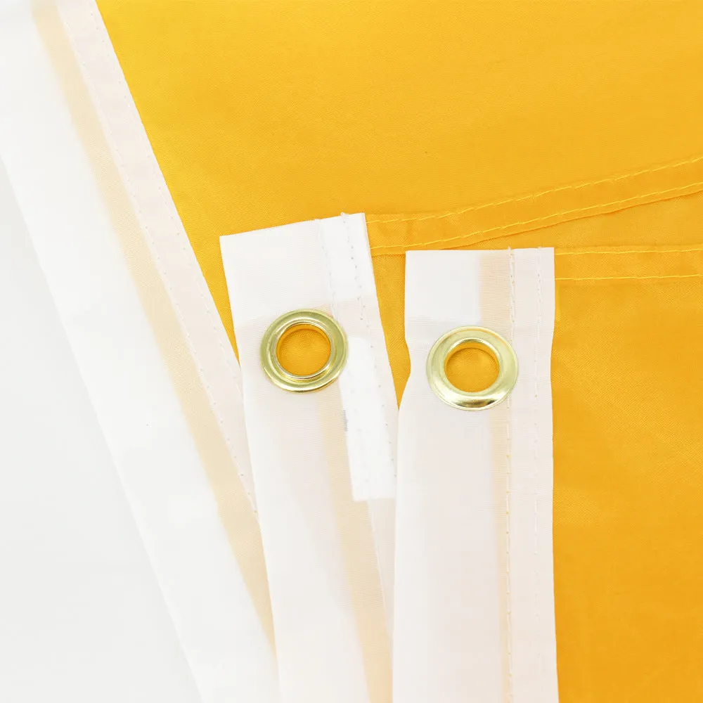 Yellow polyester garden flag with screen-printed design, 90 by 150 centimetres, hanging on a fence.