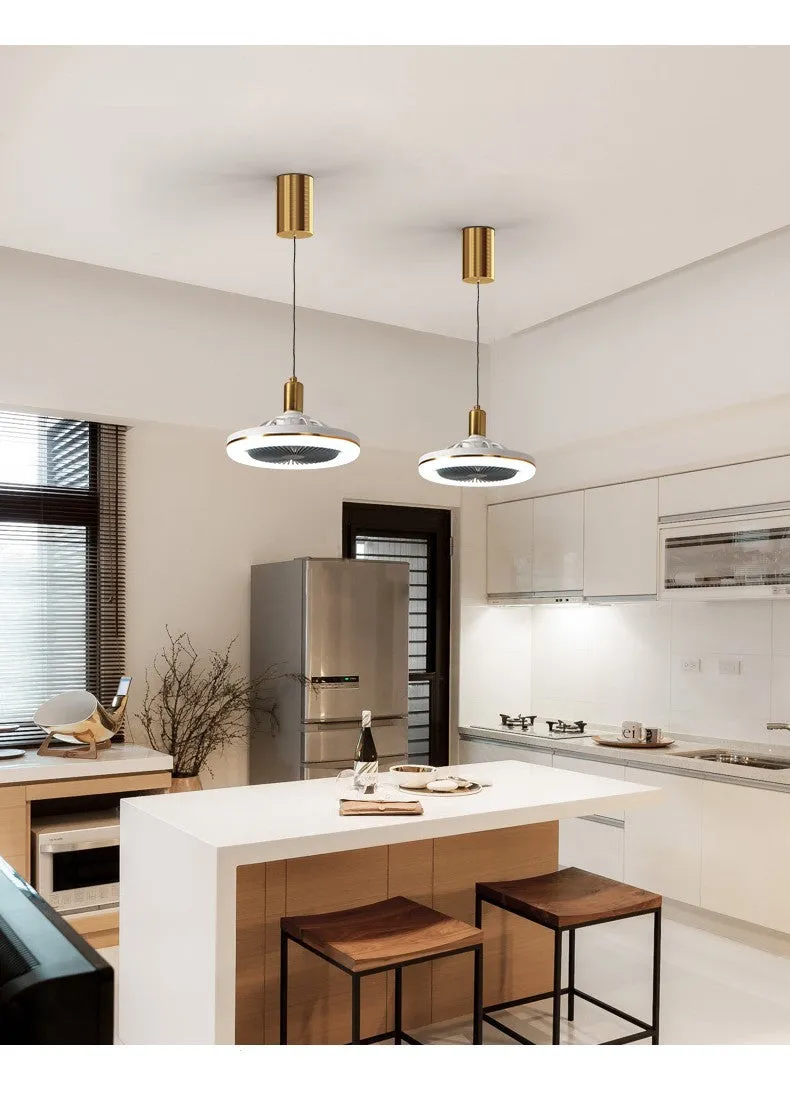 Simple modern ceiling fan light with LED, 26cm iron body, gold finish, remote control, for bedroom or bar use