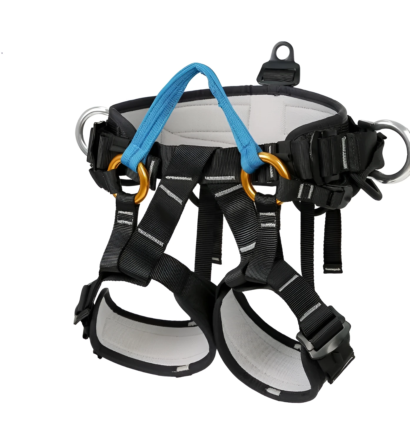 Black polyester half body seat belt with adjustable waist and thigh straps for climbing and rescue
