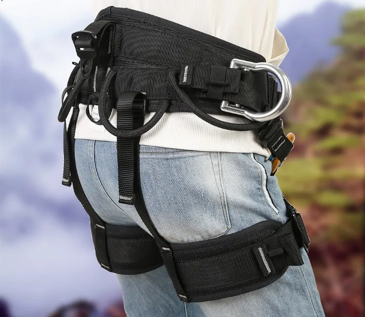 Black polyester half body seat belt with adjustable waist and thigh straps for climbing and rescue