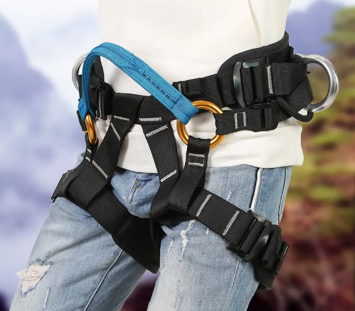 Black polyester half body seat belt with adjustable waist and thigh straps for climbing and rescue