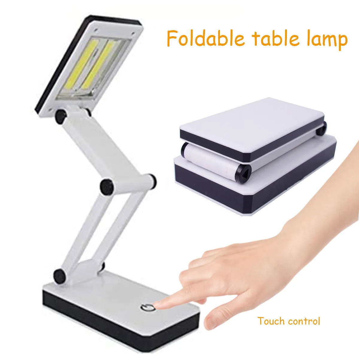COB mobile phone folding lighting desk lamp black white 120 lumens touch dimming USB battery powered 13.3x7.2x28 cm