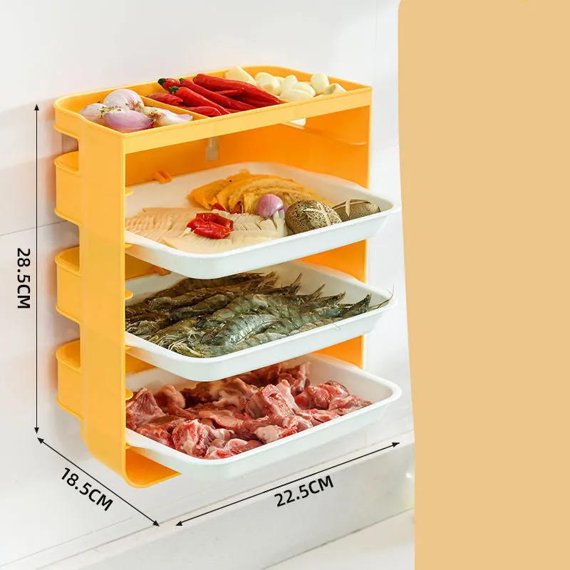 Wall-mounted kitchen side dish rack with frosted plastic finish in yellow, three layers