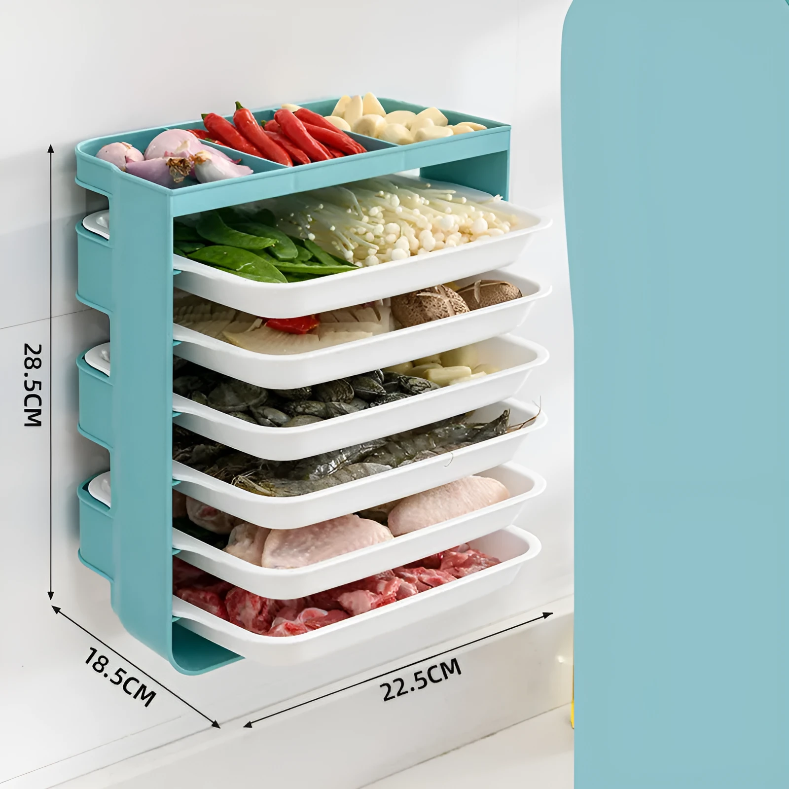 Wall-mounted kitchen side dish rack with frosted plastic finish in yellow, three layers