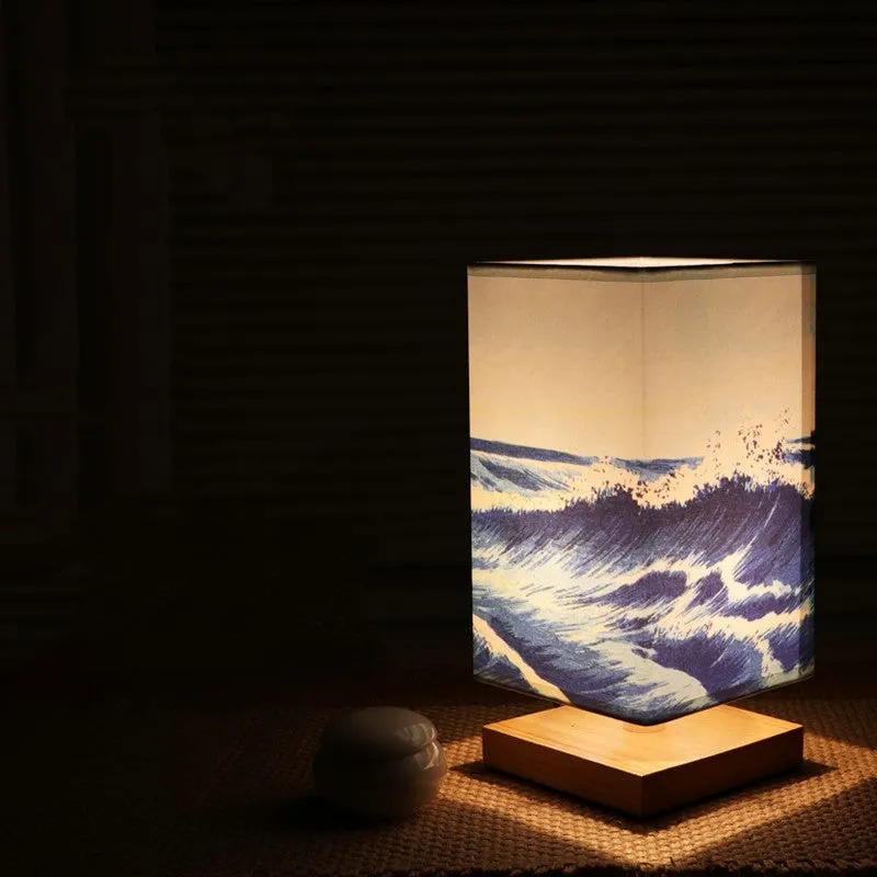 Solid wood bedside lamp with cloth lampshade on wooden table wood colour finish