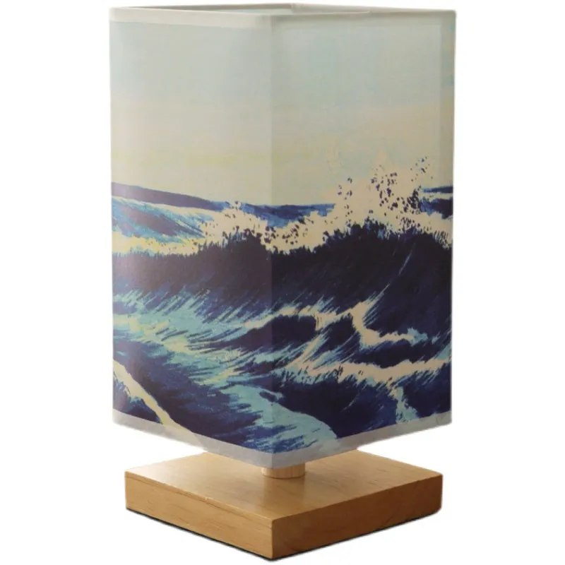 Solid wood bedside lamp with cloth lampshade on wooden table wood colour finish