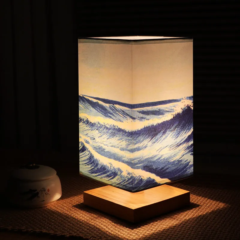 Solid wood bedside lamp with cloth lampshade on wooden table wood colour finish