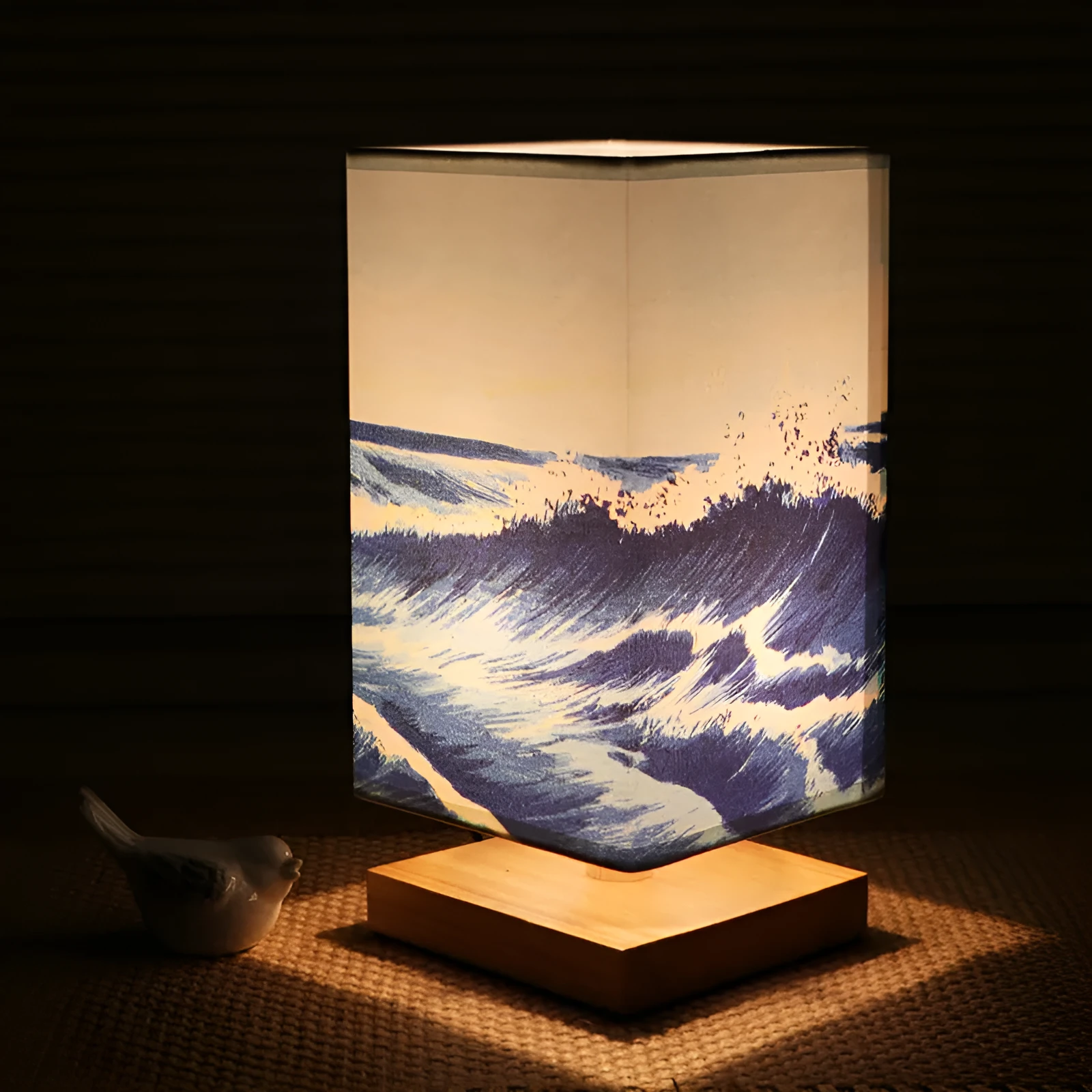 Solid wood bedside lamp with cloth lampshade on wooden table wood colour finish