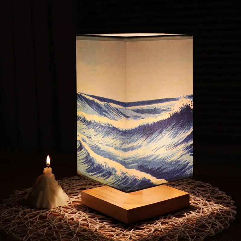 Solid wood bedside lamp with cloth lampshade on wooden table wood colour finish