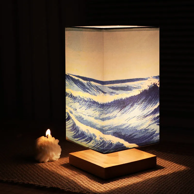 Solid wood bedside lamp with cloth lampshade on wooden table wood colour finish