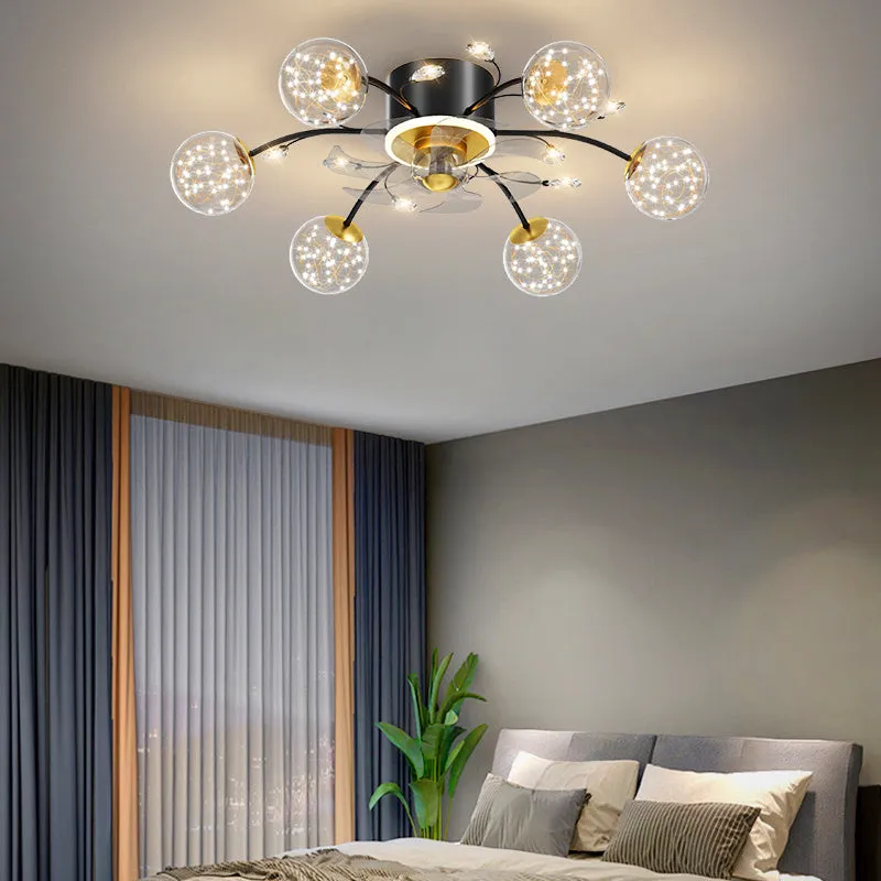 New Nordic Star fan lamp with crystal and iron, remote control, ceiling light for 10-15 square metre rooms