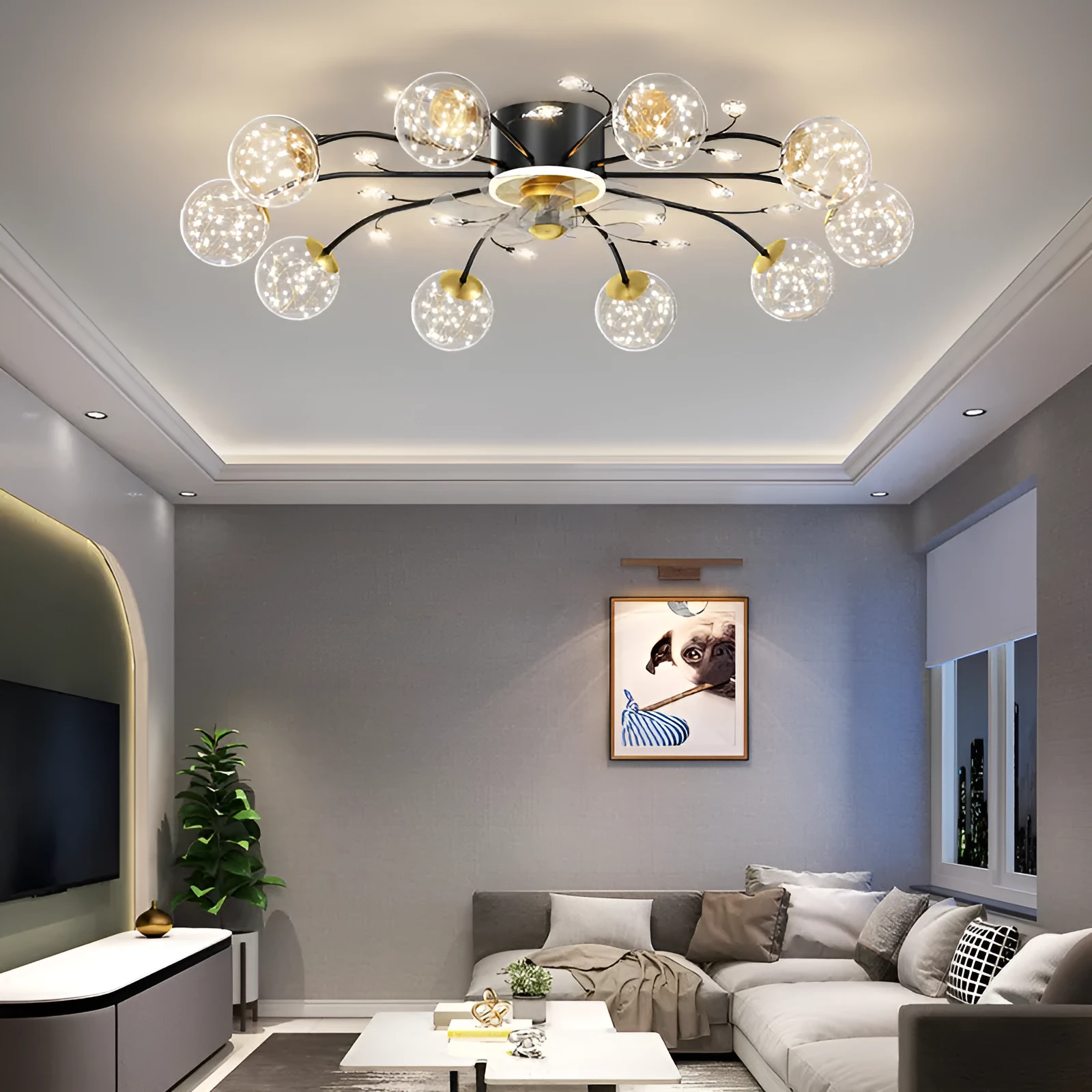 New Nordic Star fan lamp with crystal and iron, remote control, ceiling light for 10-15 square metre rooms
