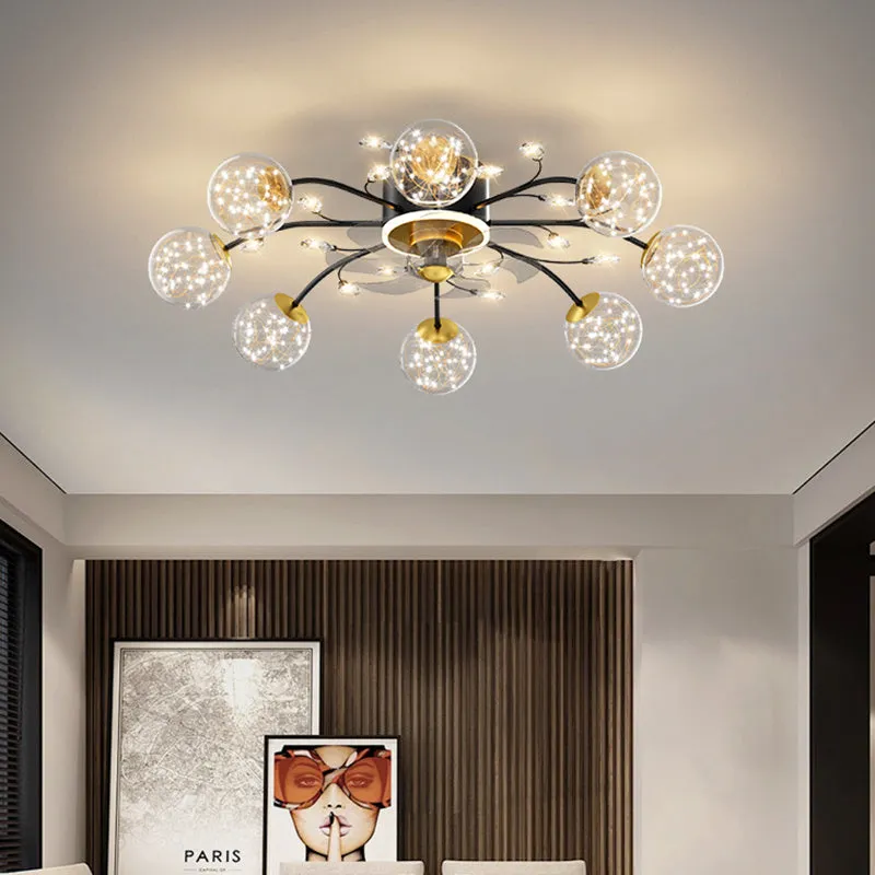 New Nordic Star fan lamp with crystal and iron, remote control, ceiling light for 10-15 square metre rooms