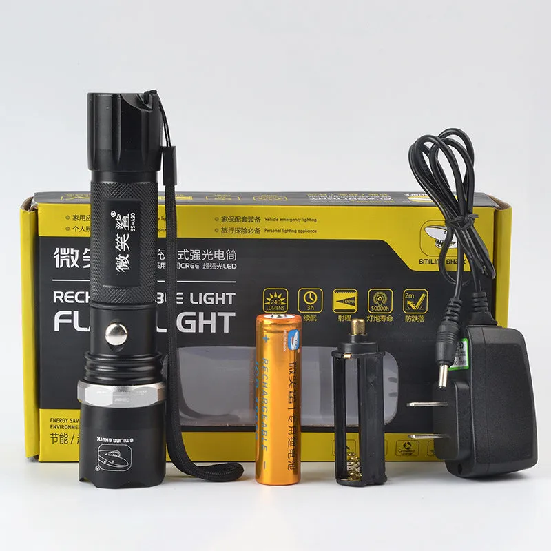 Aluminium alloy rechargeable focusing LED flashlight in black with adjustable beam