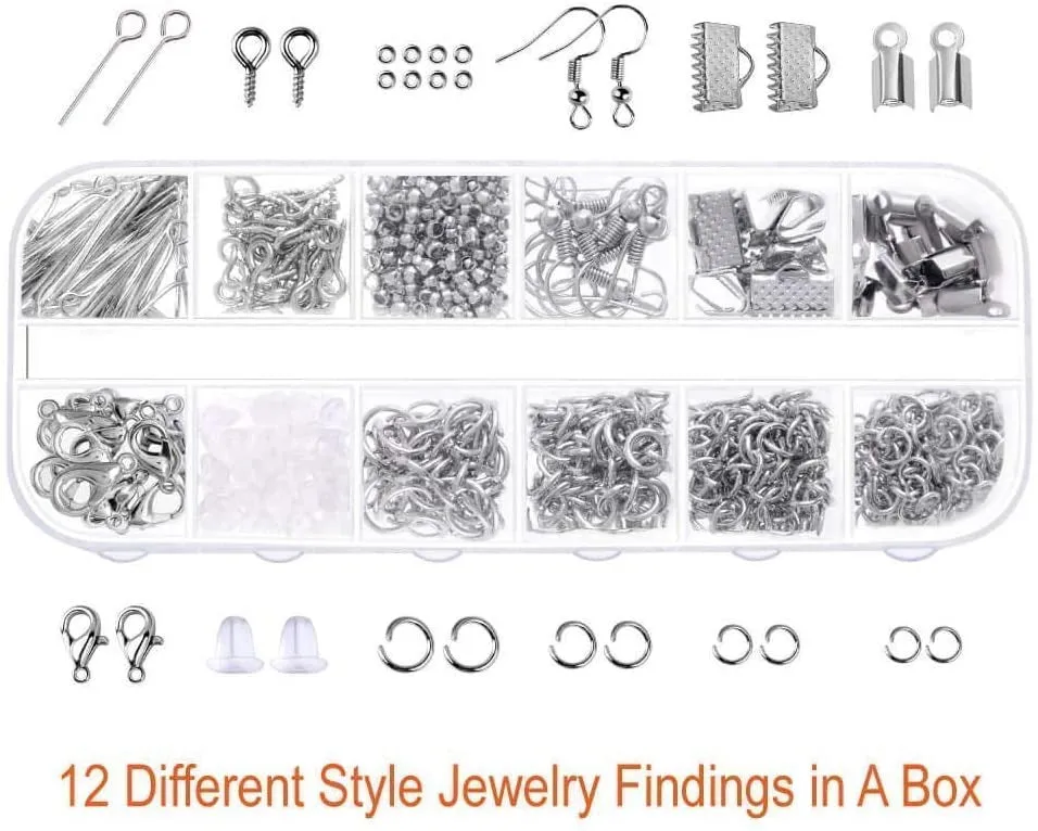 Open jewellery making repair kit with metal beads, copper wire, thread threaders, and pliers in a 23x13x8cm box