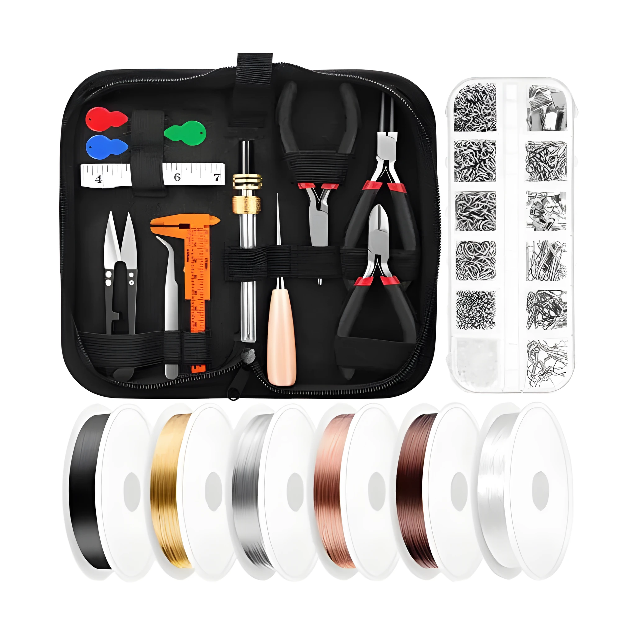 Open jewellery making repair kit with metal beads, copper wire, thread threaders, and pliers in a 23x13x8cm box