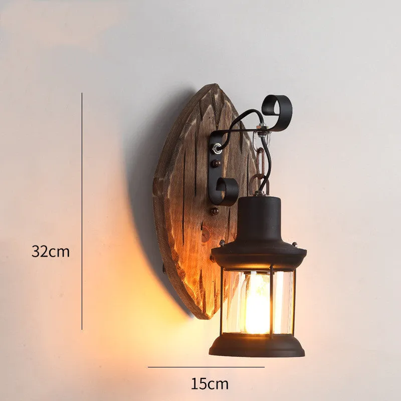 Retro nostalgic boat wood wall lamp with iron shade in industrial style