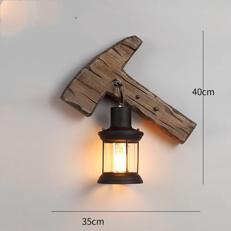 Retro nostalgic boat wood wall lamp with iron shade in industrial style