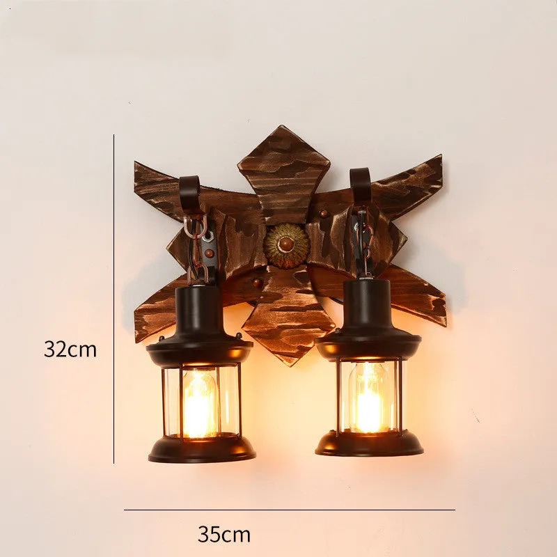 Retro nostalgic boat wood wall lamp with iron shade in industrial style