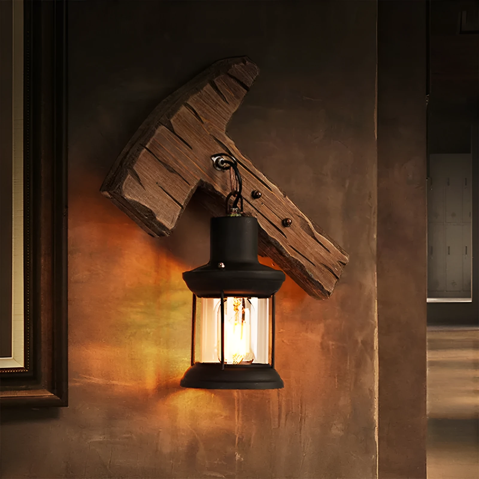 Retro nostalgic boat wood wall lamp with iron shade in industrial style