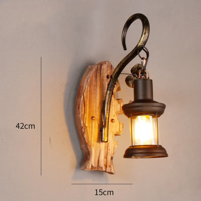 Retro nostalgic boat wood wall lamp with iron shade in industrial style